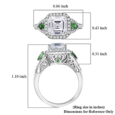 D'Joy Asscher Cut Moissanite, Tsavorite Garnet Ring in Rhodium Over Sterling Silver 3.75 ctw (Size 10.0)
