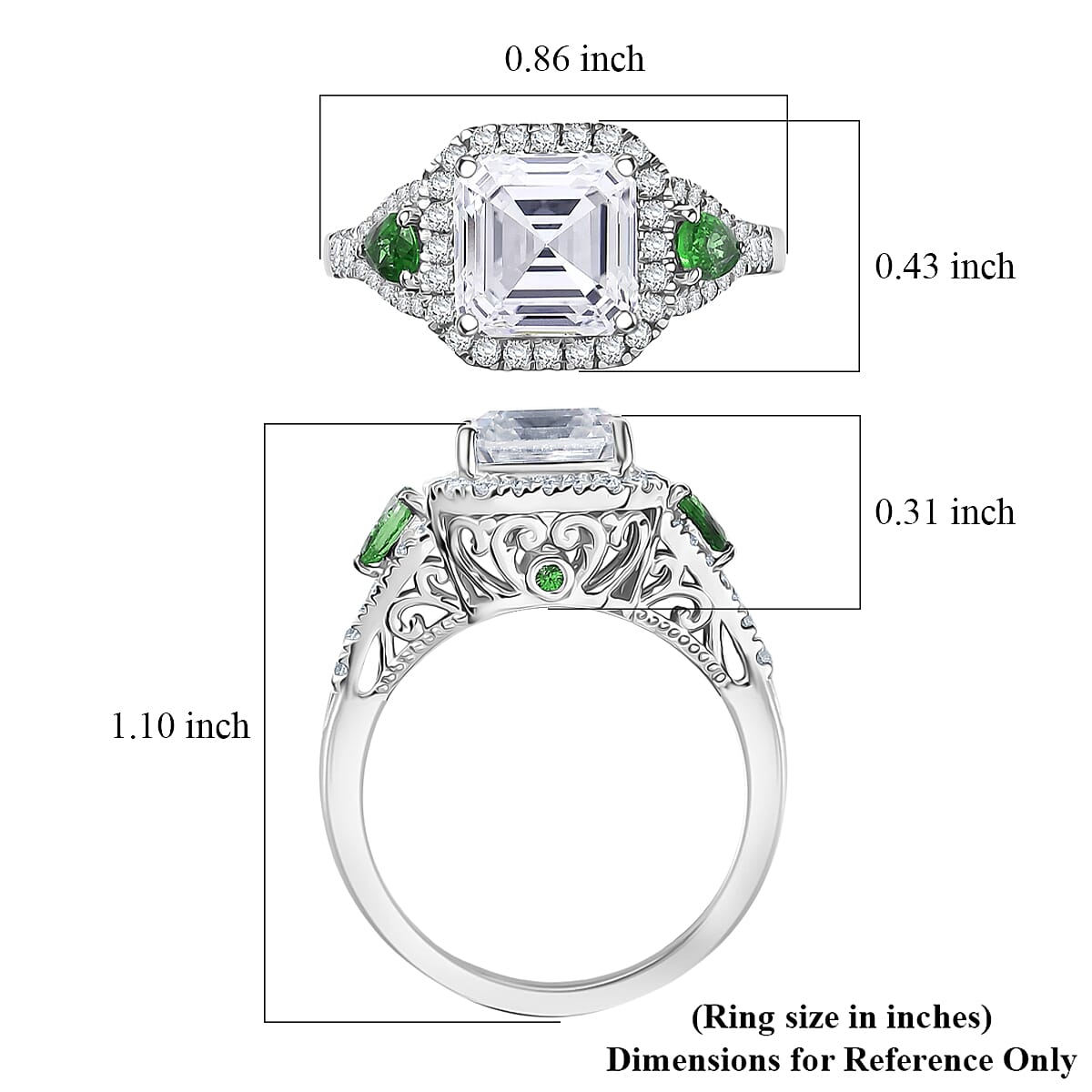 Doorbuster D'Joy Asscher Cut Moissanite and Tsavorite Garnet 3.75 ctw Mirrored Monolith Ring in Rhodium Over Sterling Silver (Size 6.0) image number 5