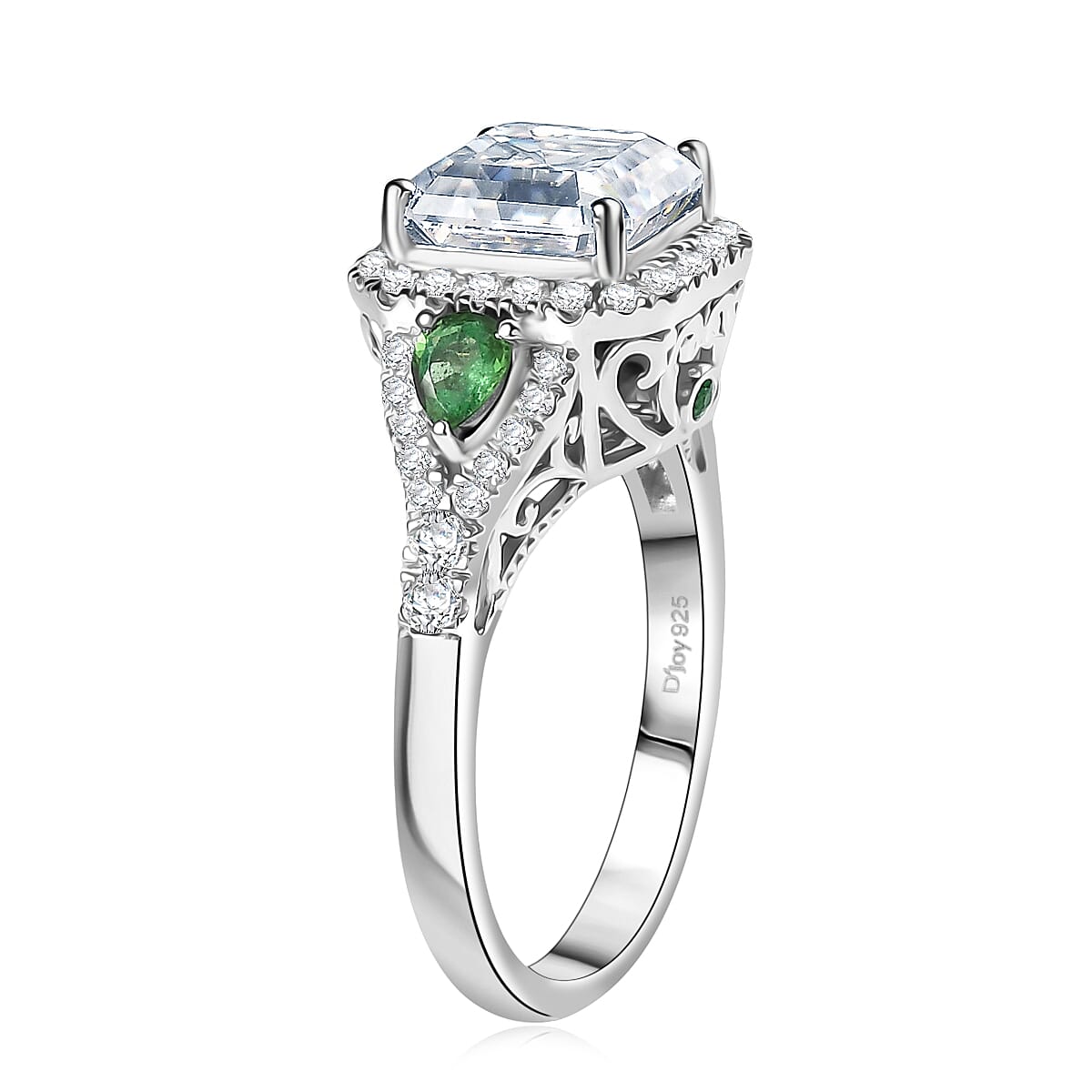 Doorbuster D'Joy Asscher Cut Moissanite and Tsavorite Garnet 3.75 ctw Mirrored Monolith Ring in Rhodium Over Sterling Silver (Size 8.0) image number 3