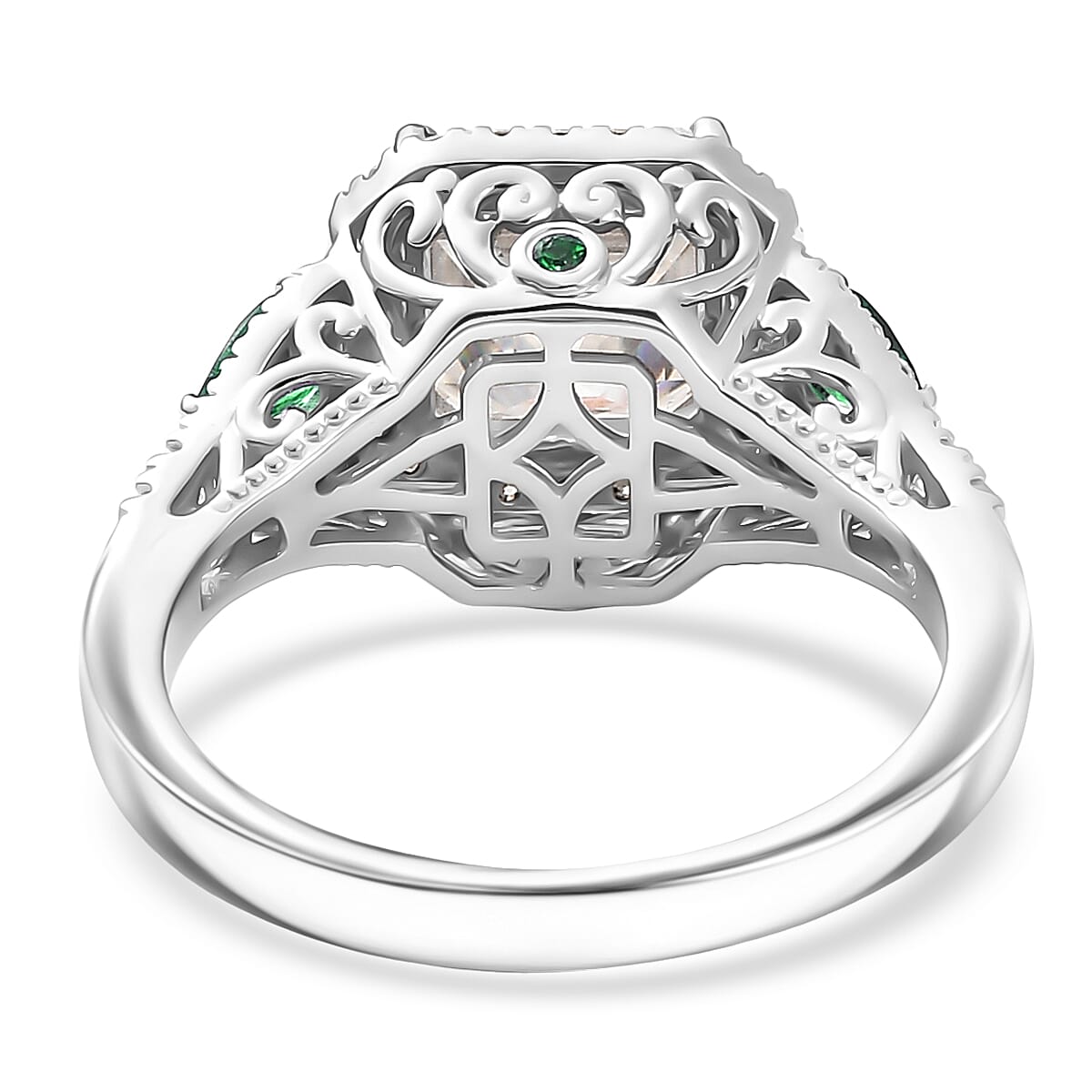 Doorbuster D'Joy Asscher Cut Moissanite and Tsavorite Garnet 3.75 ctw Mirrored Monolith Ring in Rhodium Over Sterling Silver (Size 8.0) image number 4