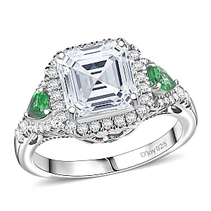 Doorbuster D'Joy Asscher Cut Moissanite and Tsavorite Garnet 3.75 ctw Mirrored Monolith Ring in Rhodium Over Sterling Silver (Size 9.0)