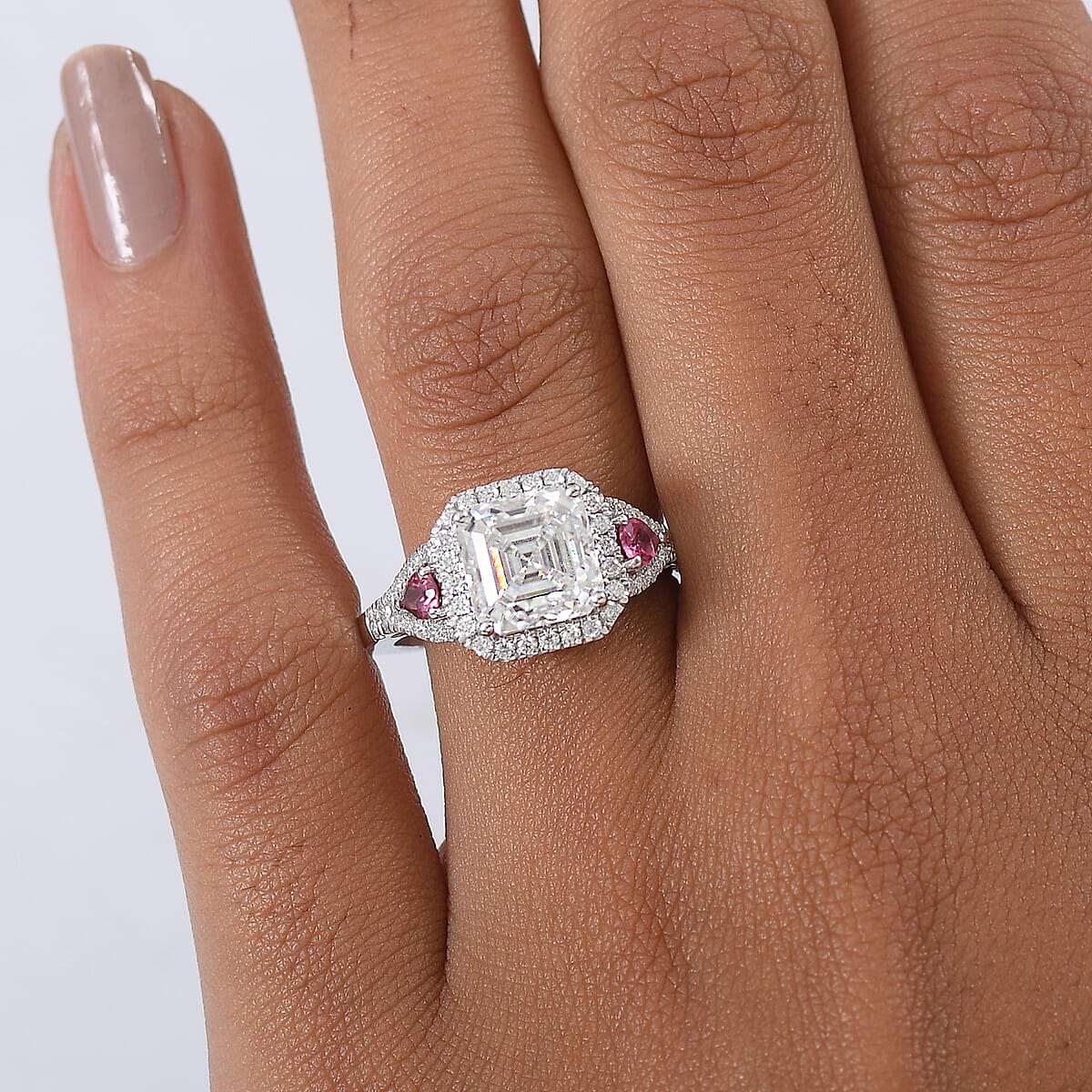 Doorbuster D'Joy Asscher Cut Moissanite and Ouro Fino Rubellite 3.70 ctw Mirrored Monolith Ring in Rhodium Over Sterling Silver (Size 10.0) image number 2