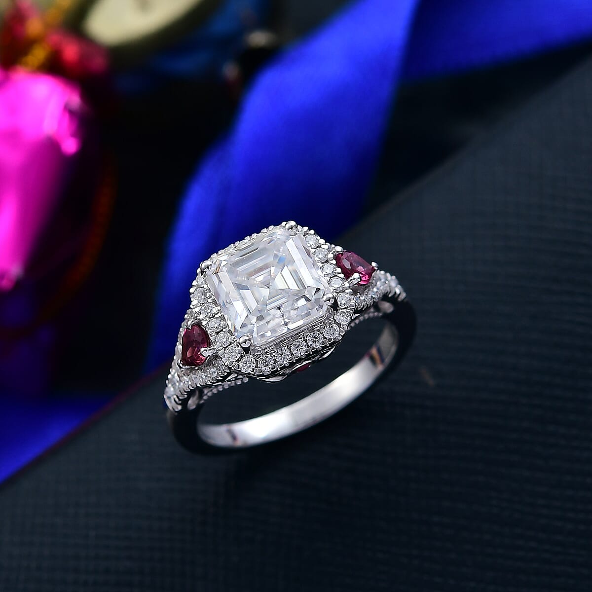 Doorbuster D'Joy Asscher Cut Moissanite and Ouro Fino Rubellite 3.70 ctw Mirrored Monolith Ring in Rhodium Over Sterling Silver (Size 6.0) image number 1