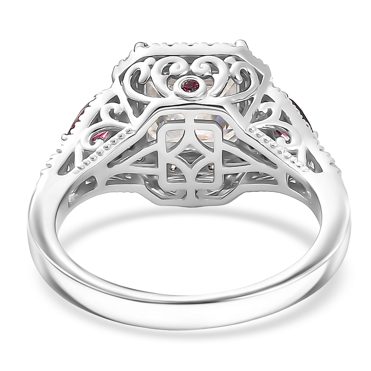 D'Joy Asscher Cut Moissanite, Ouro Fino Rubellite Ring in Rhodium Over Sterling Silver 3.70 ctw (Size 6.0)