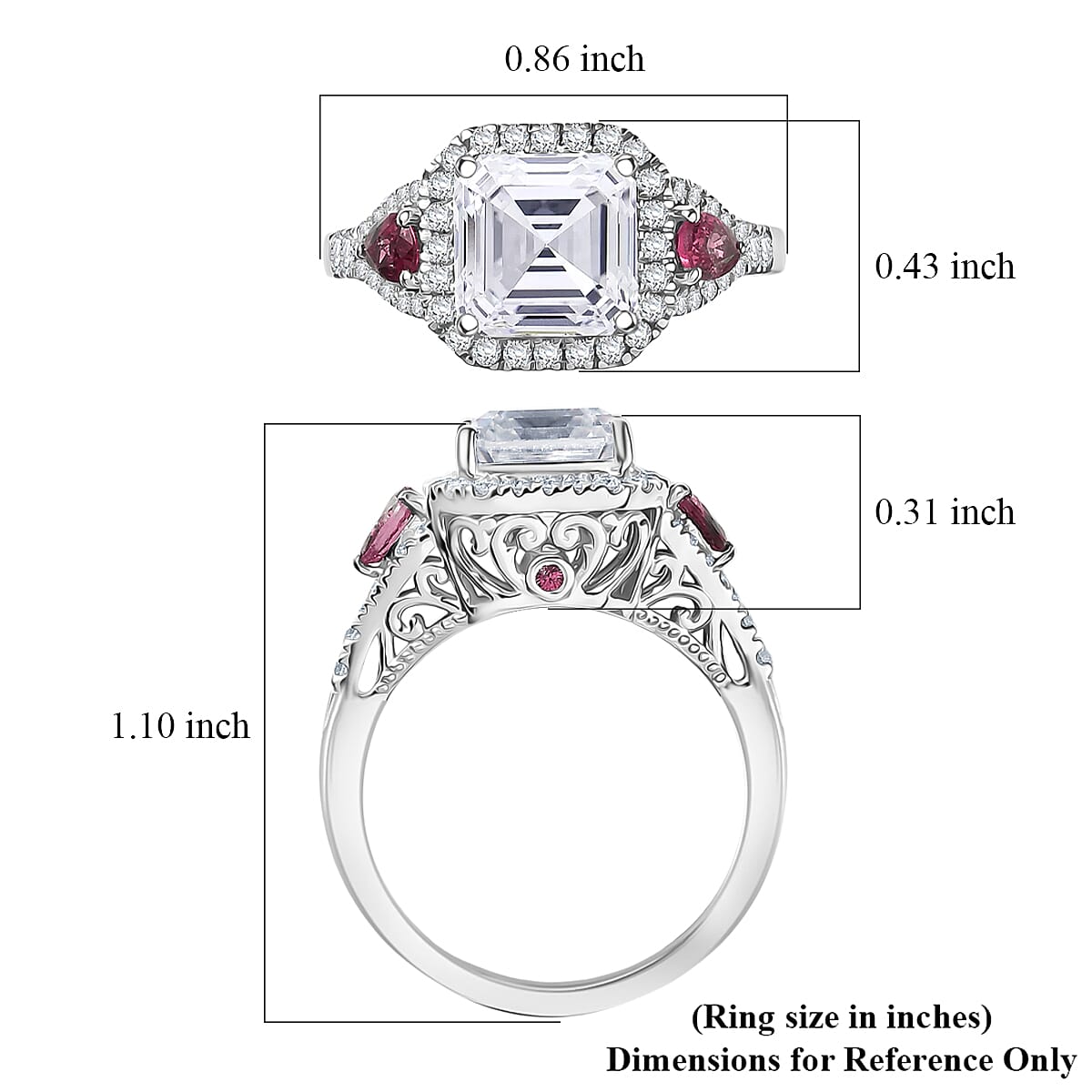 D'Joy Asscher Cut Moissanite, Ouro Fino Rubellite Ring in Rhodium Over Sterling Silver 3.70 ctw (Size 6.0)