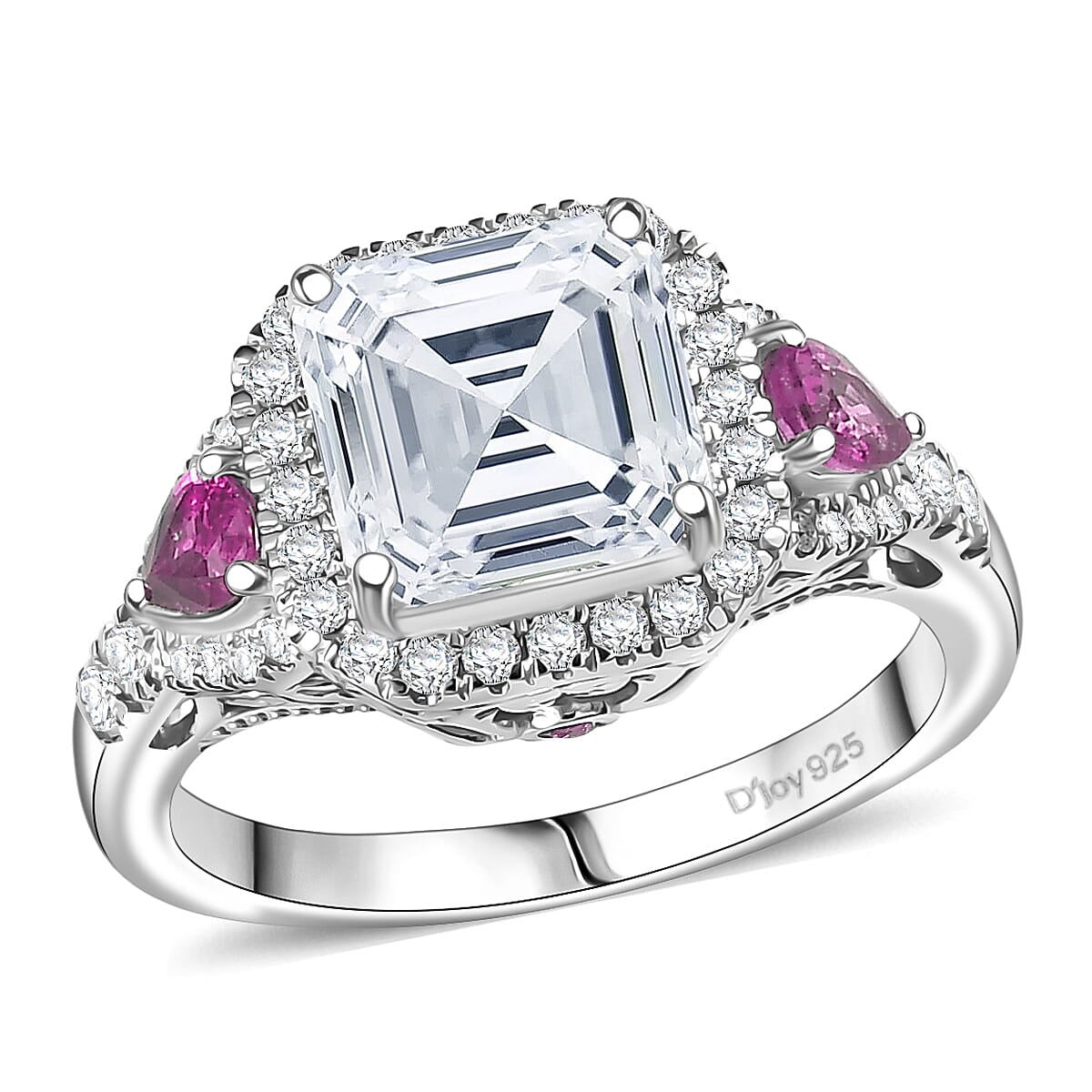 Doorbuster D'Joy Asscher Cut Moissanite and Ouro Fino Rubellite 3.70 ctw Mirrored Monolith Ring in Rhodium Over Sterling Silver (Size 8.0) image number 0