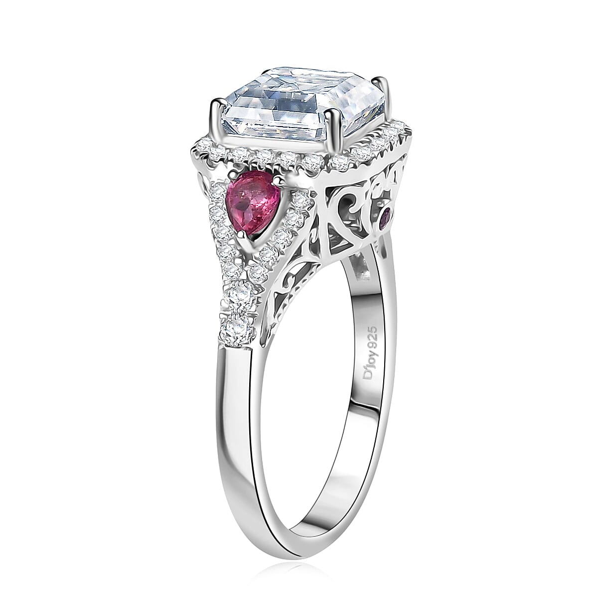 Doorbuster D'Joy Asscher Cut Moissanite and Ouro Fino Rubellite 3.70 ctw Mirrored Monolith Ring in Rhodium Over Sterling Silver (Size 9.0) image number 3