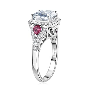 D'Joy Asscher Cut Moissanite, Ouro Fino Rubellite Ring in Rhodium Over Sterling Silver 3.70 ctw (Size 9.0)