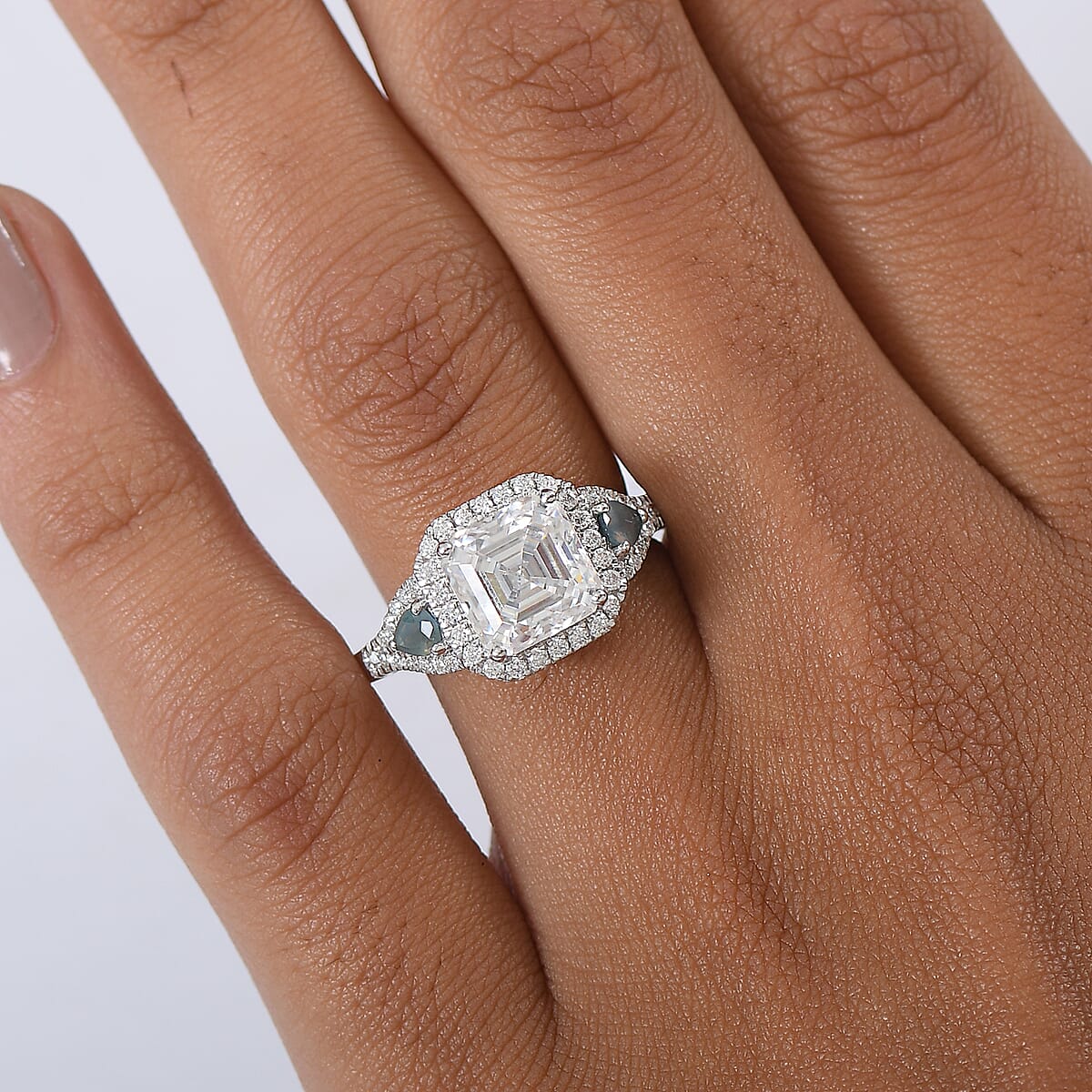 Doorbuster D'Joy Asscher Cut Moissanite and Narsipatnam Alexandrite 3.75 ctw Mirrored Monolith Ring in Rhodium Over Sterling Silver (Size 6.0) image number 2