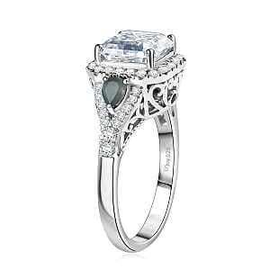 D'Joy Asscher Cut Moissanite, Narsipatnam Alexandrite Ring in Rhodium Over Sterling Silver  3.75 ctw (Size 7.0)