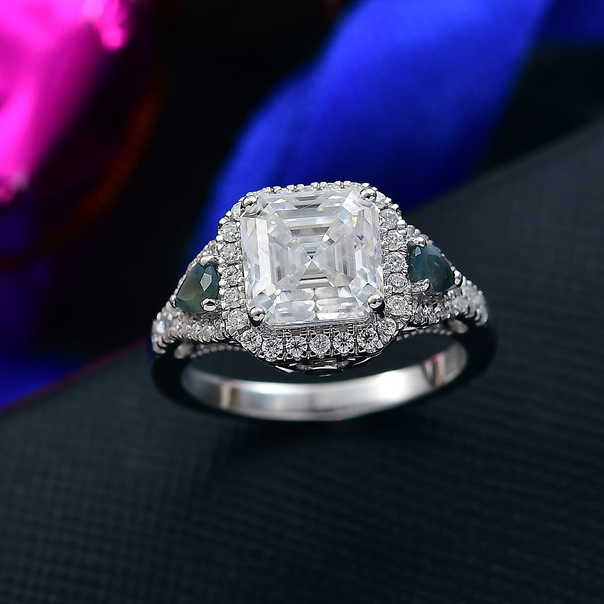 Doorbuster D'Joy Asscher Cut Moissanite and Narsipatnam Alexandrite 3.75 ctw Mirrored Monolith Ring in Rhodium Over Sterling Silver (Size 9.0) image number 1