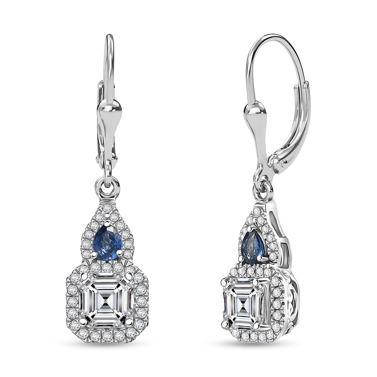Doorbuster D'Joy Asscher Cut Moissanite amd Ceylon Blue Sapphire 3.30 ctw Mirrored Monolith Earrings in Rhodium Over Sterling Silver image number 0
