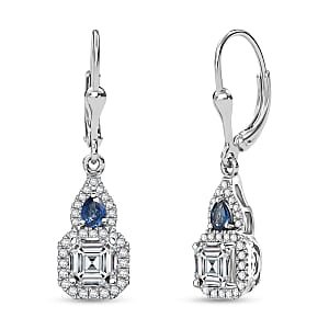 Doorbuster D'Joy Asscher Cut Moissanite amd Ceylon Blue Sapphire 3.30 ctw Earrings in Rhodium Over Sterling Silver
