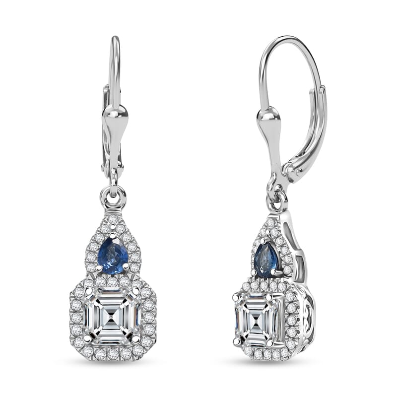 D'Joy Asscher Cut Moissanite, Ceylon Blue Sapphire Earrings in Rhodium Over Sterling Silver 3.30 ctw