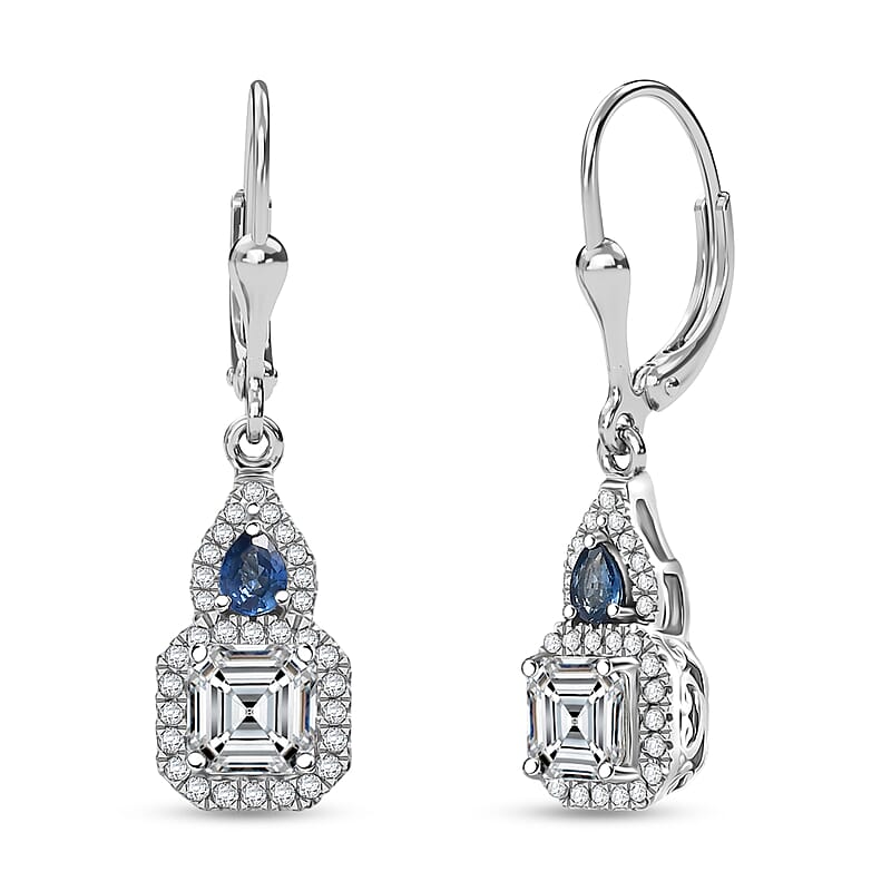 D'Joy Asscher Cut Moissanite, Ceylon Blue Sapphire Earrings in Rhodium Over Sterling Silver 3.30 ctw