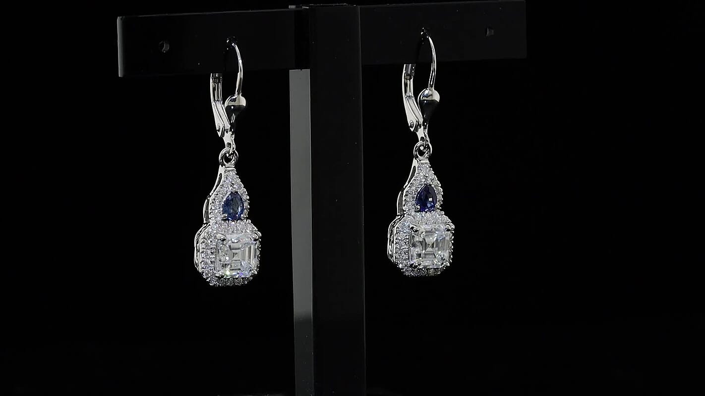 D'Joy Asscher Cut Moissanite (6x6mm), Ceylon Blue Sapphire Earrings in Rhodium Over Sterling Silver 3.60 ctw
