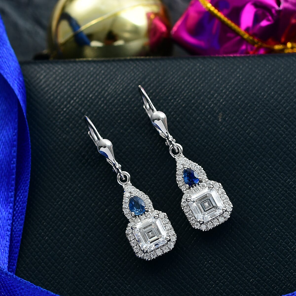 Doorbuster D'Joy Asscher Cut Moissanite amd Ceylon Blue Sapphire 3.30 ctw Mirrored Monolith Earrings in Rhodium Over Sterling Silver image number 1