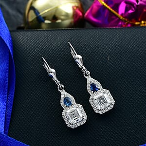 D'Joy Asscher Cut Moissanite, Ceylon Blue Sapphire Earrings in Rhodium Over Sterling Silver 3.30 ctw
