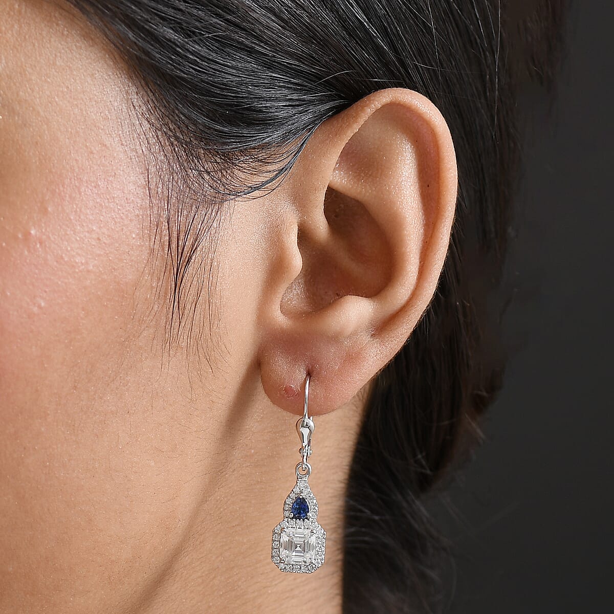 Doorbuster D'Joy Asscher Cut Moissanite amd Ceylon Blue Sapphire 3.30 ctw Mirrored Monolith Earrings in Rhodium Over Sterling Silver image number 2