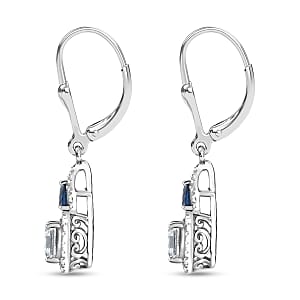 D'Joy Asscher Cut Moissanite, Ceylon Blue Sapphire Earrings in Rhodium Over Sterling Silver 3.30 ctw