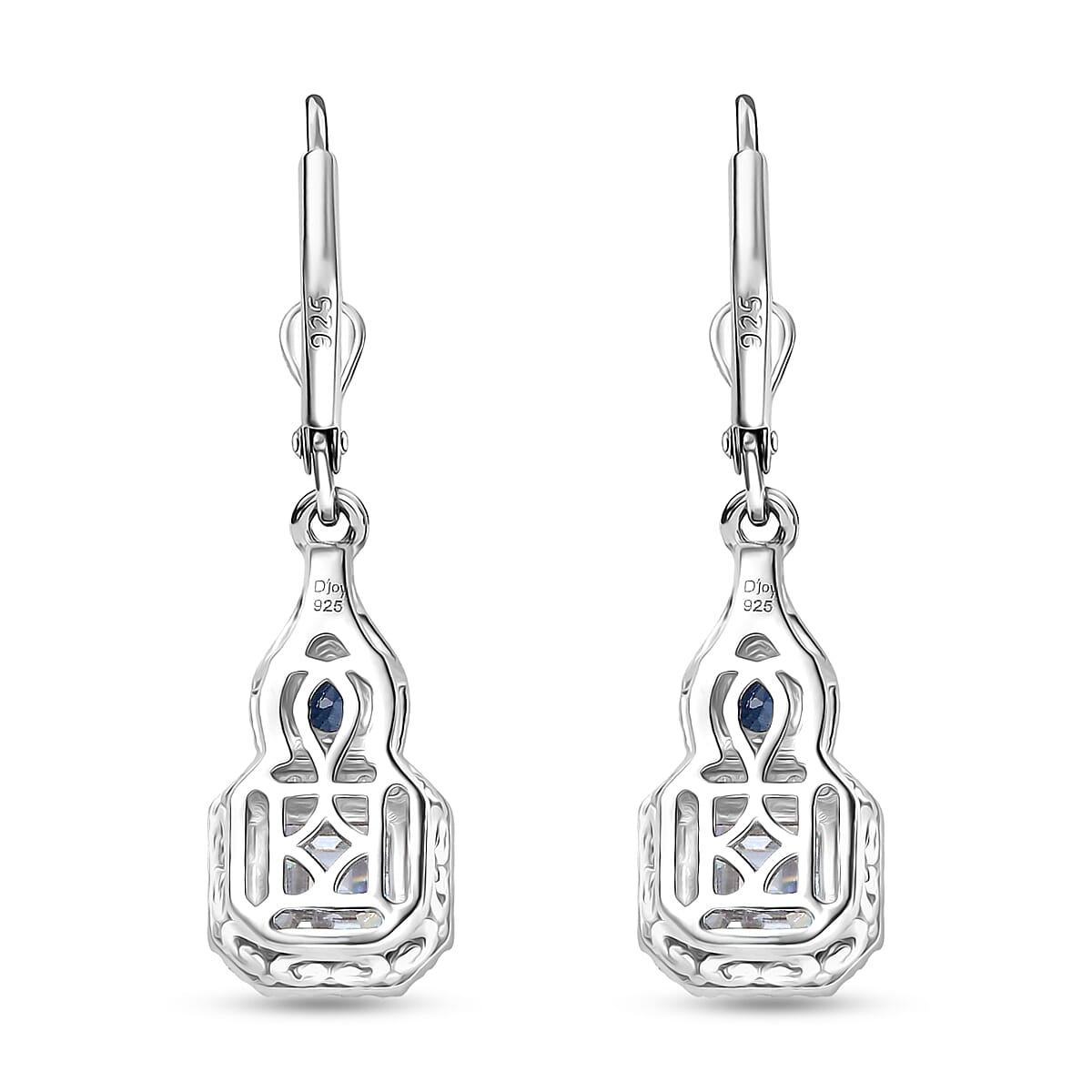 Doorbuster D'Joy Asscher Cut Moissanite amd Ceylon Blue Sapphire 3.30 ctw Mirrored Monolith Earrings in Rhodium Over Sterling Silver image number 4
