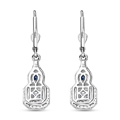 D'Joy Asscher Cut Moissanite, Ceylon Blue Sapphire Earrings in Rhodium Over Sterling Silver 3.30 ctw