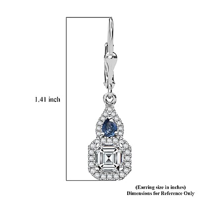 D'Joy Asscher Cut Moissanite, Ceylon Blue Sapphire Earrings in Rhodium Over Sterling Silver 3.30 ctw