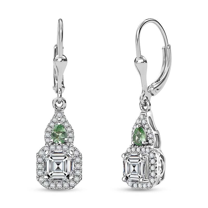 D'Joy Asscher Cut Moissanite, Tsavorite Garnet Earrings in Rhodium Over Sterling Silver 3.15 ctw