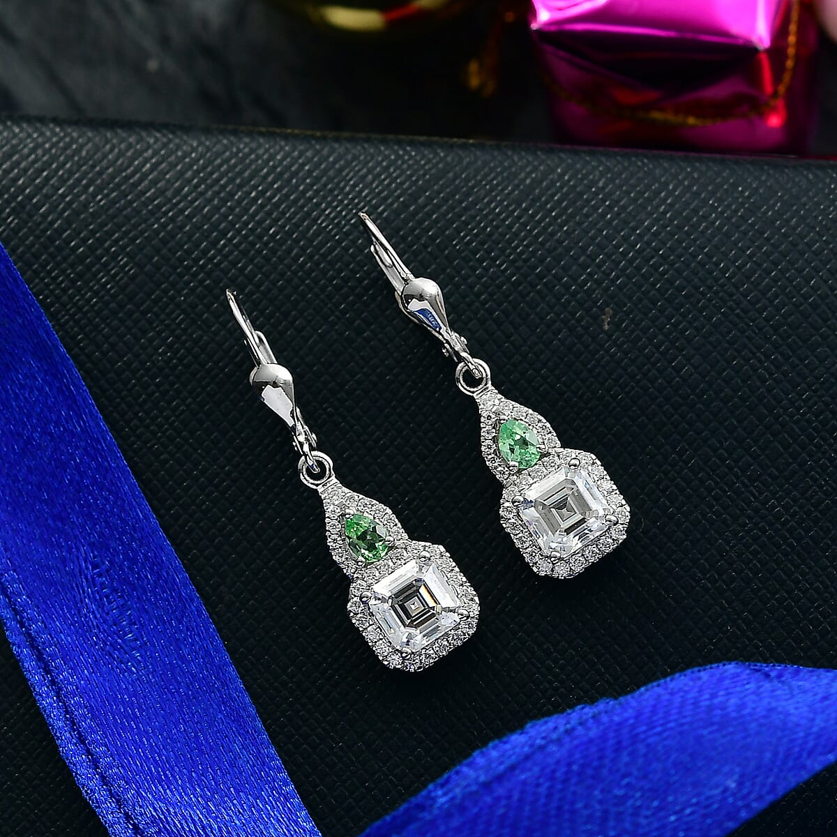 Doorbuster D'Joy Asscher Cut Moissanite and Tsavorite Garnet 3.15 ctw Mirrored Monolith Earrings in Rhodium Over Sterling Silver image number 1