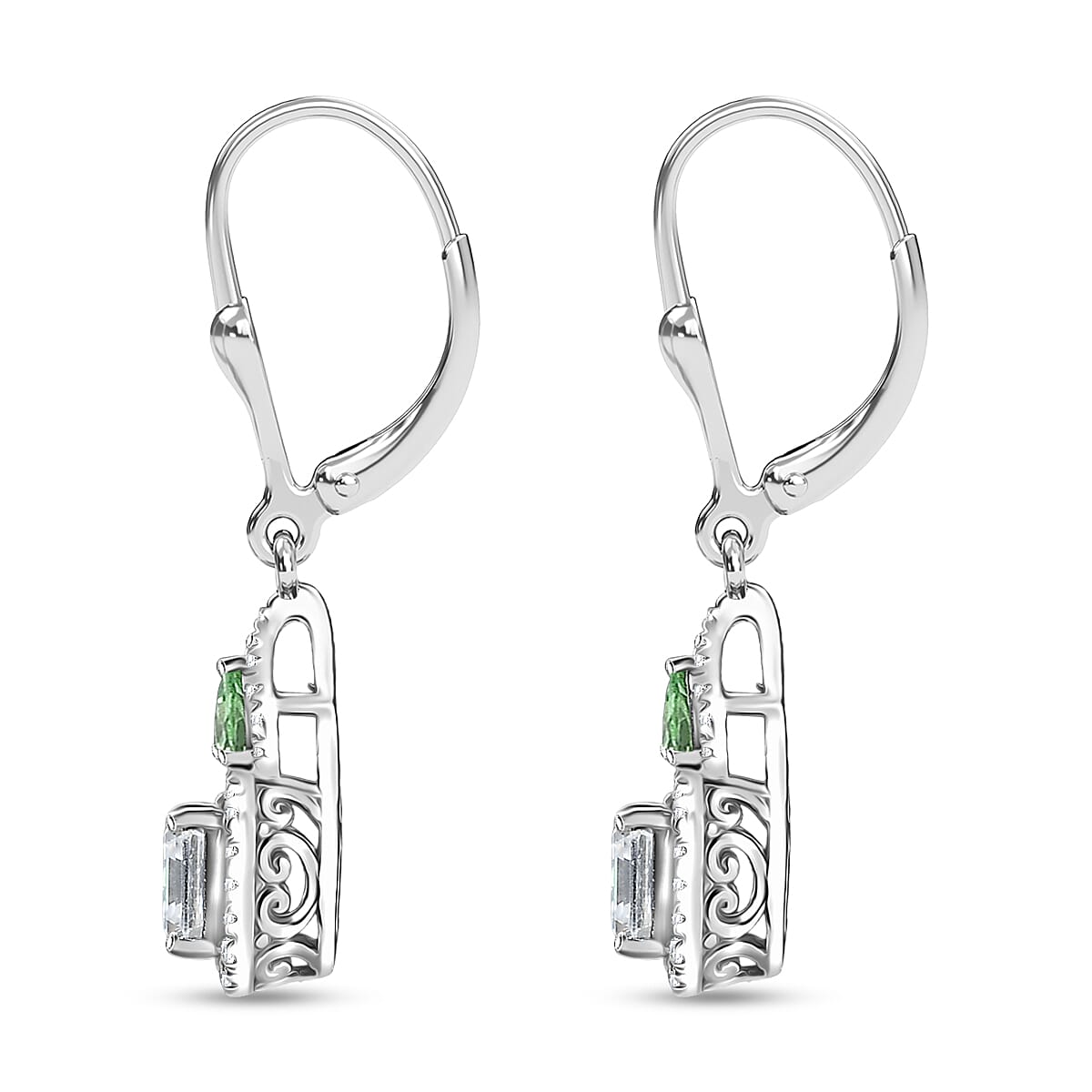 Doorbuster D'Joy Asscher Cut Moissanite and Tsavorite Garnet 3.15 ctw Mirrored Monolith Earrings in Rhodium Over Sterling Silver image number 3