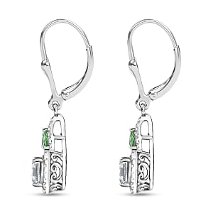 D'Joy Asscher Cut Moissanite, Tsavorite Garnet Earrings in Rhodium Over Sterling Silver 3.15 ctw