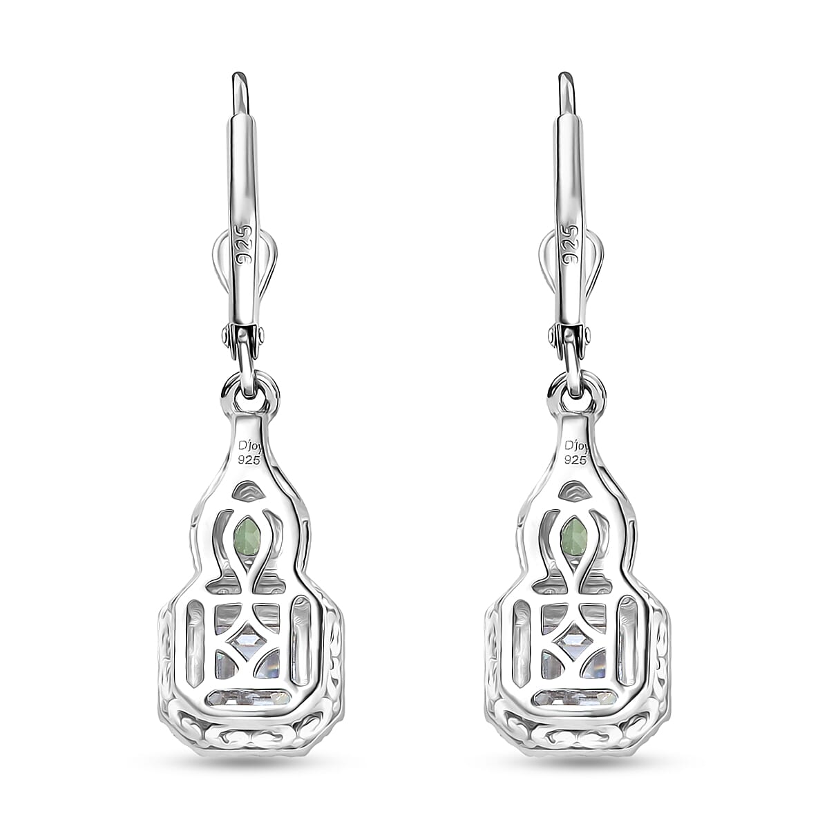 Doorbuster D'Joy Asscher Cut Moissanite and Tsavorite Garnet 3.15 ctw Mirrored Monolith Earrings in Rhodium Over Sterling Silver image number 4