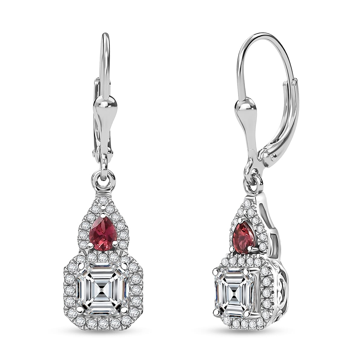 Doorbuster D'Joy Asscher Cut Moissanite and Ouro Fino Rubellite 3.20 ctw Mirrored Monolith Earrings in Rhodium Over Sterling Silver image number 0