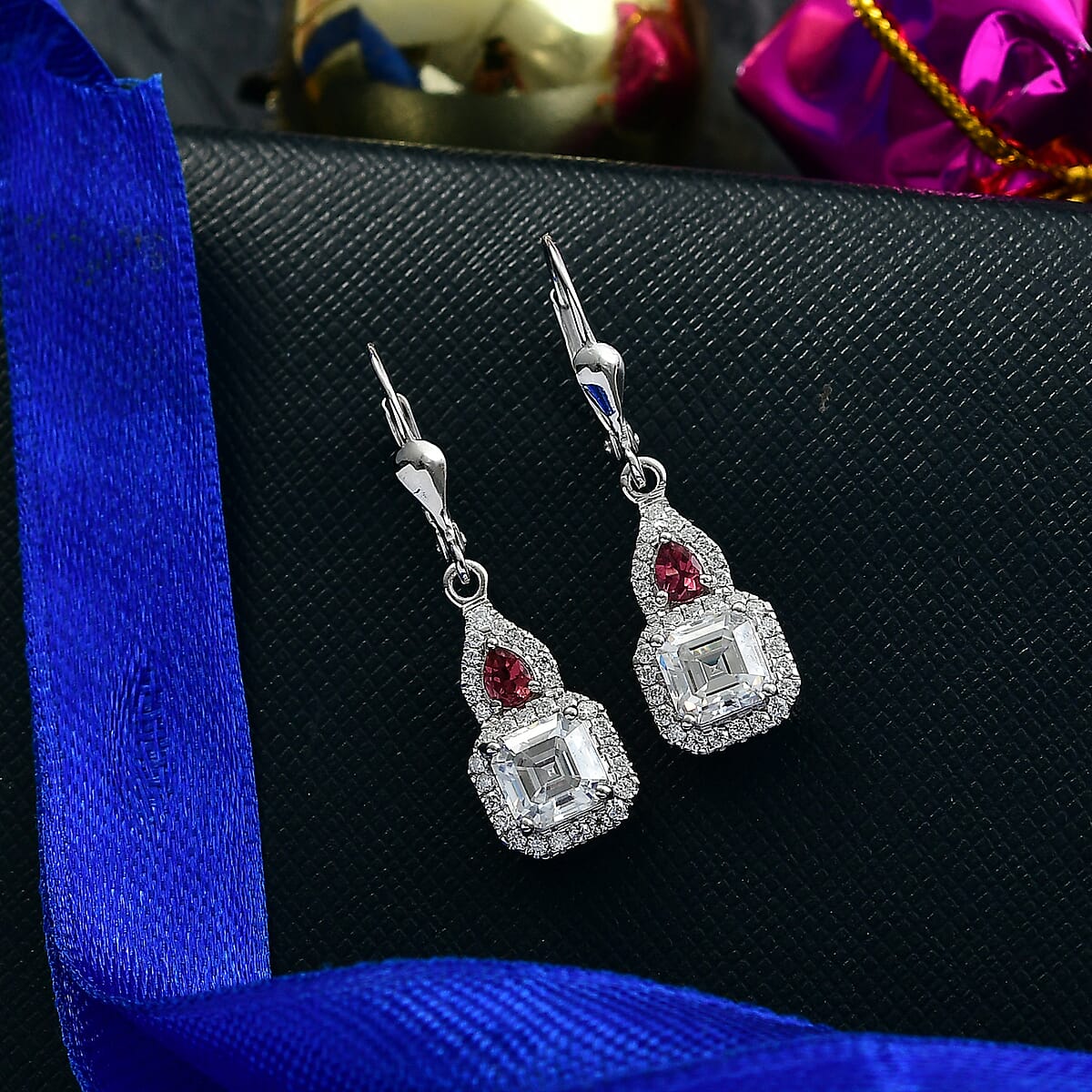 Doorbuster D'Joy Asscher Cut Moissanite and Ouro Fino Rubellite 3.20 ctw Mirrored Monolith Earrings in Rhodium Over Sterling Silver image number 1