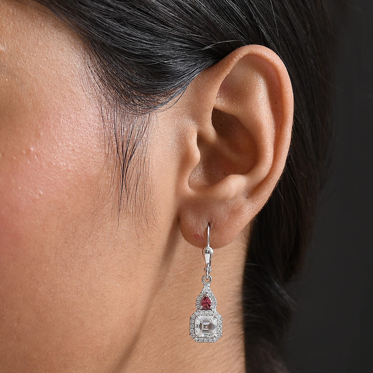 Doorbuster D'Joy Asscher Cut Moissanite and Ouro Fino Rubellite 3.20 ctw Mirrored Monolith Earrings in Rhodium Over Sterling Silver image number 2