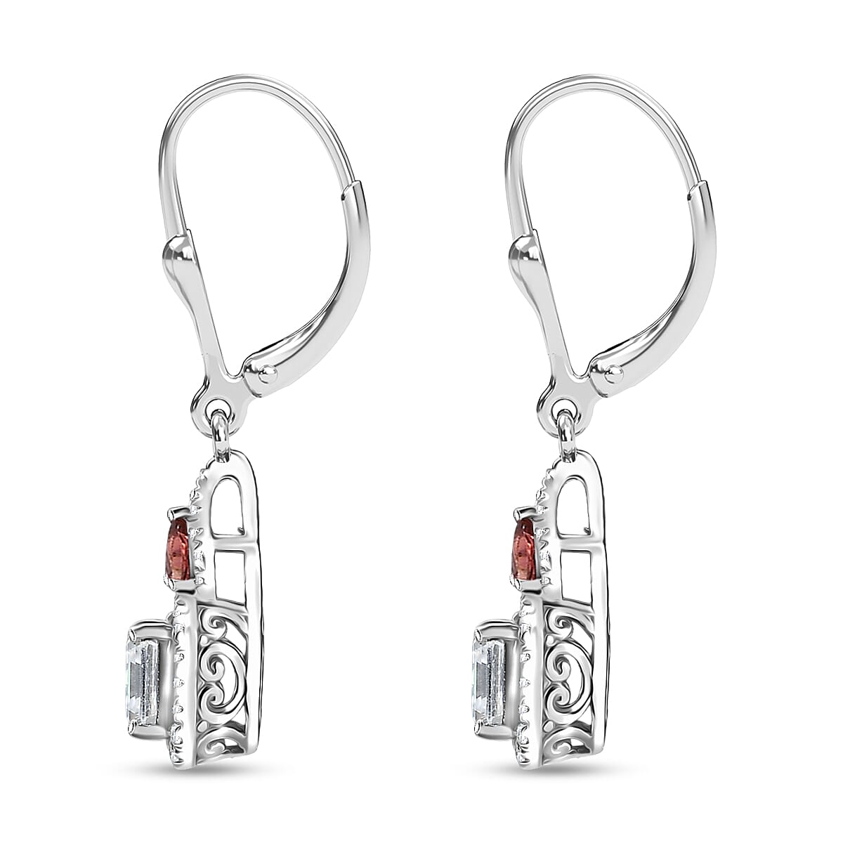 Doorbuster D'Joy Asscher Cut Moissanite and Ouro Fino Rubellite 3.20 ctw Mirrored Monolith Earrings in Rhodium Over Sterling Silver image number 3