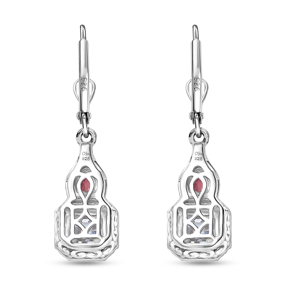 Doorbuster D'Joy Asscher Cut Moissanite and Ouro Fino Rubellite 3.20 ctw Mirrored Monolith Earrings in Rhodium Over Sterling Silver image number 4