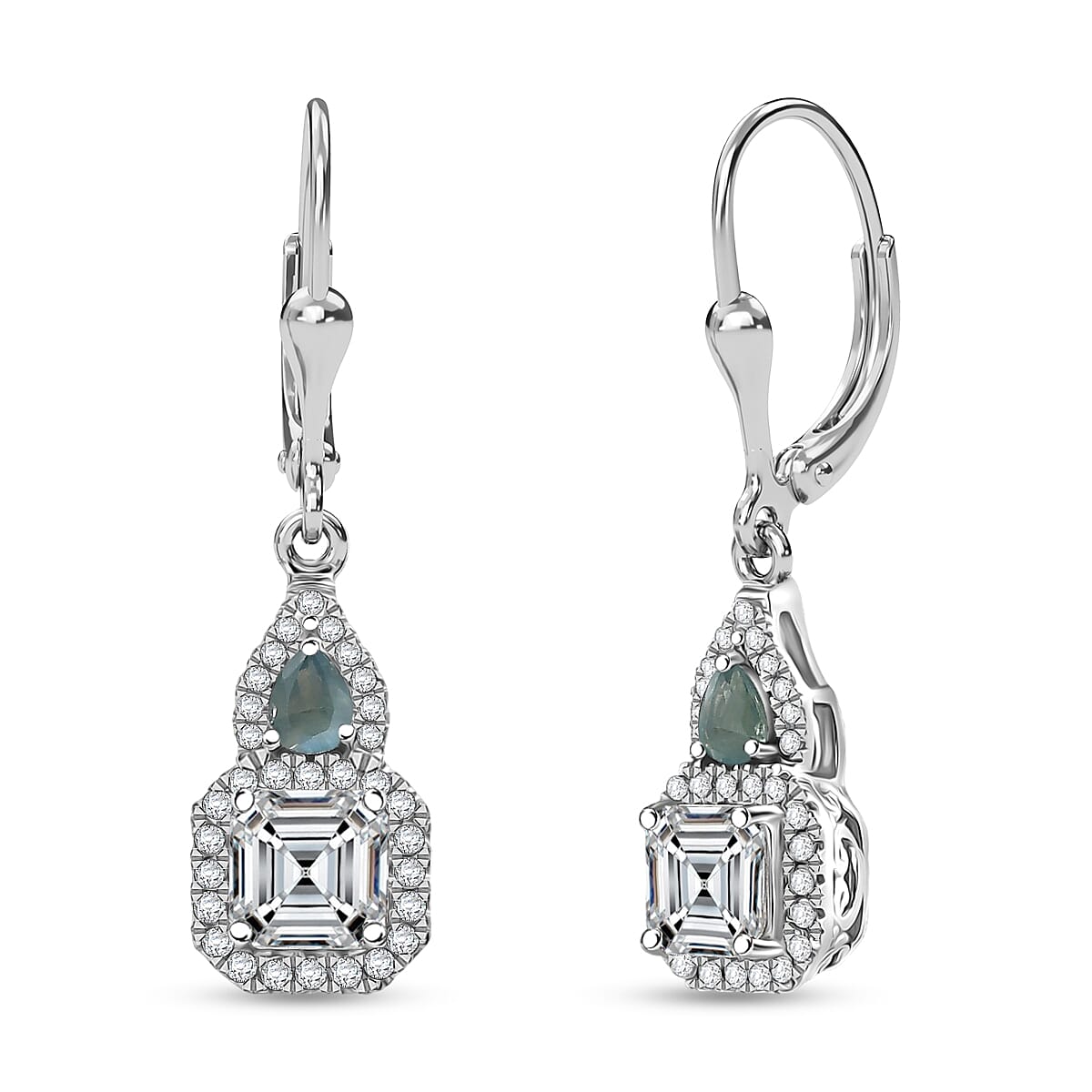 Doorbuster D'Joy Asscher Cut Moissanite and Narsipatnam Alexandrite 3.35 ctw Mirrored Monolith Earrings in Rhodium Over Sterling Silver image number 0