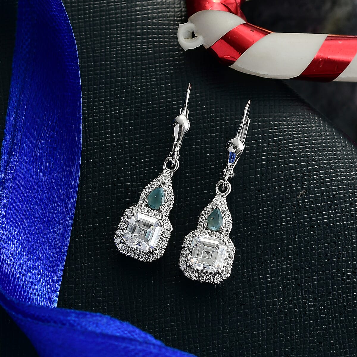 Doorbuster D'Joy Asscher Cut Moissanite and Narsipatnam Alexandrite 3.35 ctw Mirrored Monolith Earrings in Rhodium Over Sterling Silver image number 1