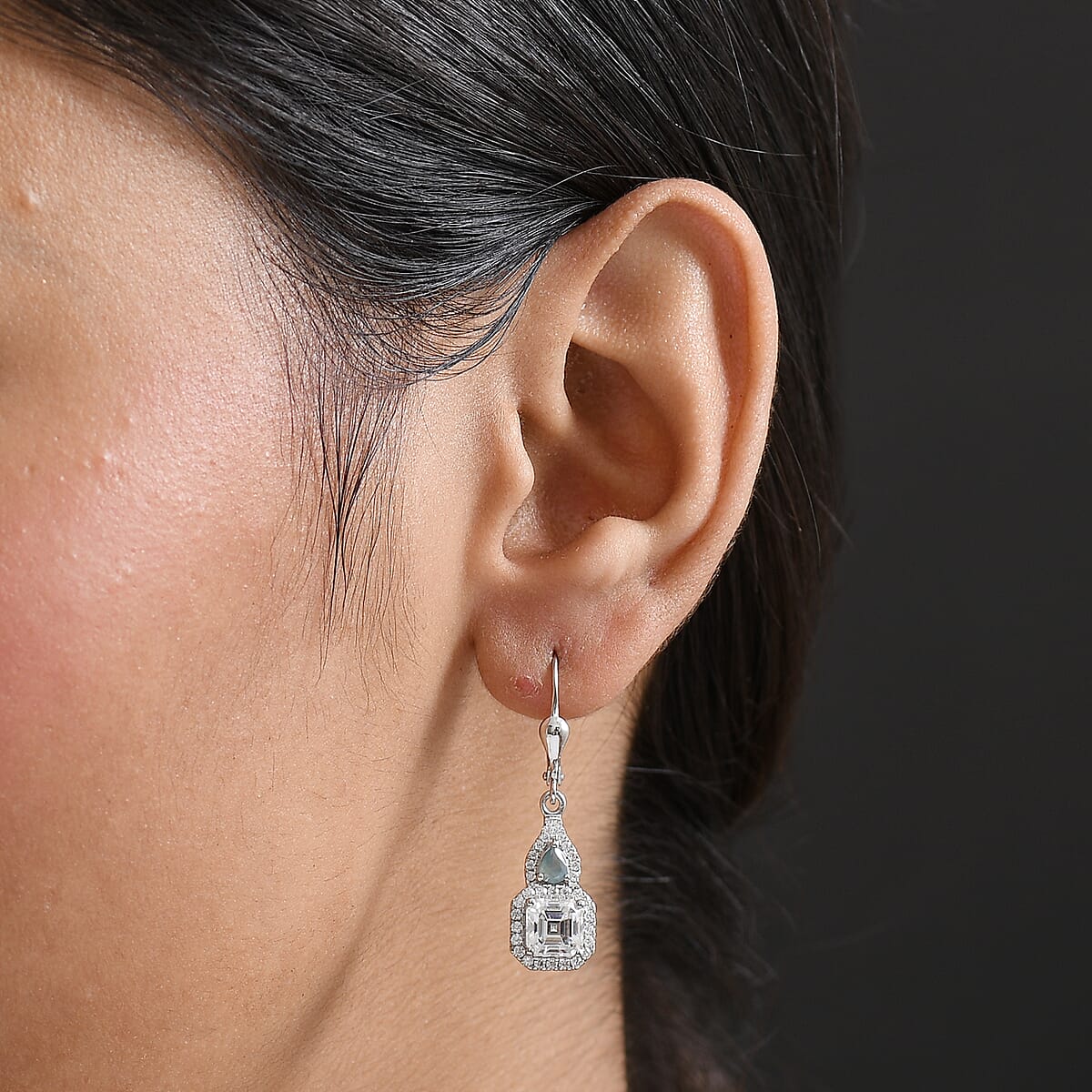 Doorbuster D'Joy Asscher Cut Moissanite and Narsipatnam Alexandrite 3.35 ctw Mirrored Monolith Earrings in Rhodium Over Sterling Silver image number 2