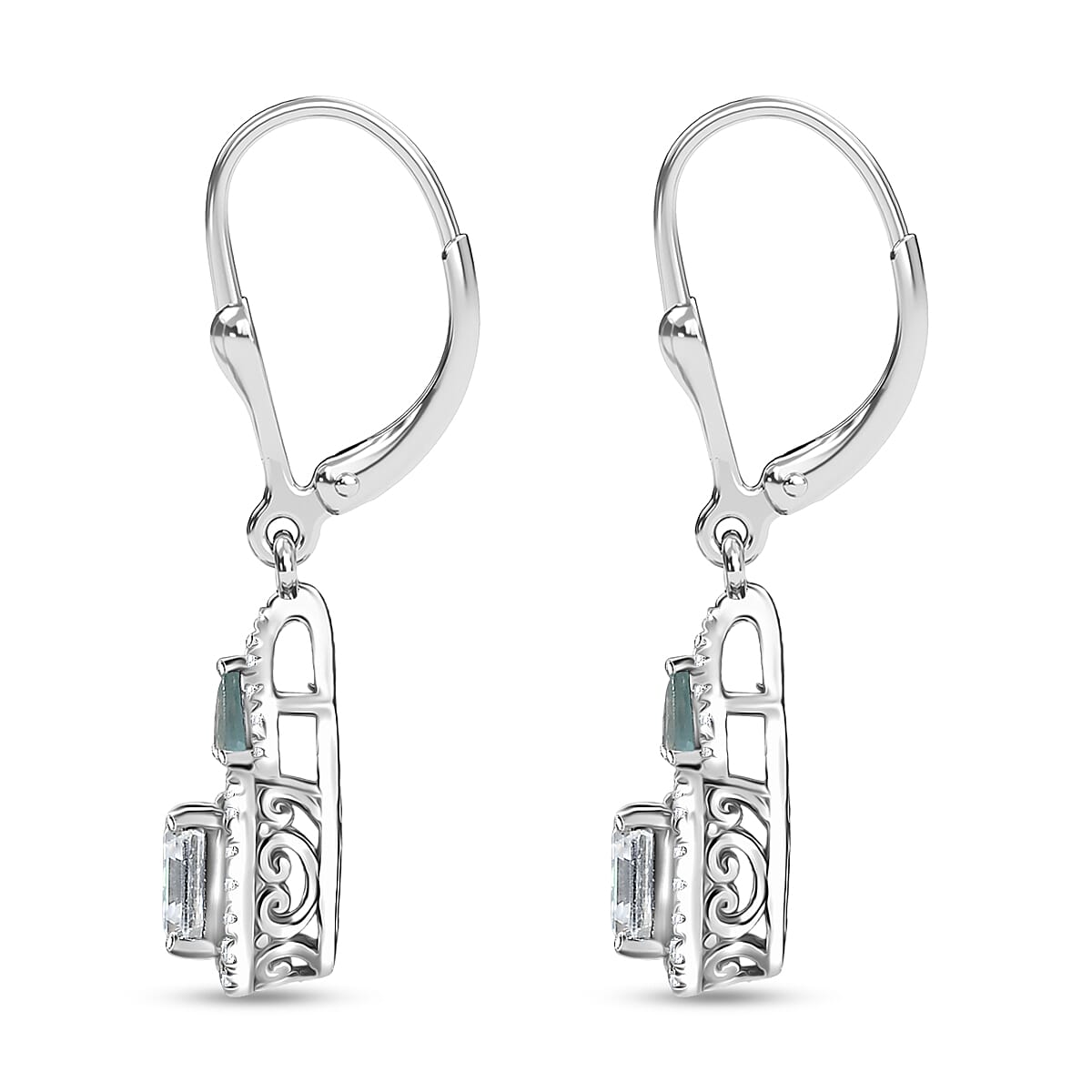 Doorbuster D'Joy Asscher Cut Moissanite and Narsipatnam Alexandrite 3.35 ctw Mirrored Monolith Earrings in Rhodium Over Sterling Silver image number 3