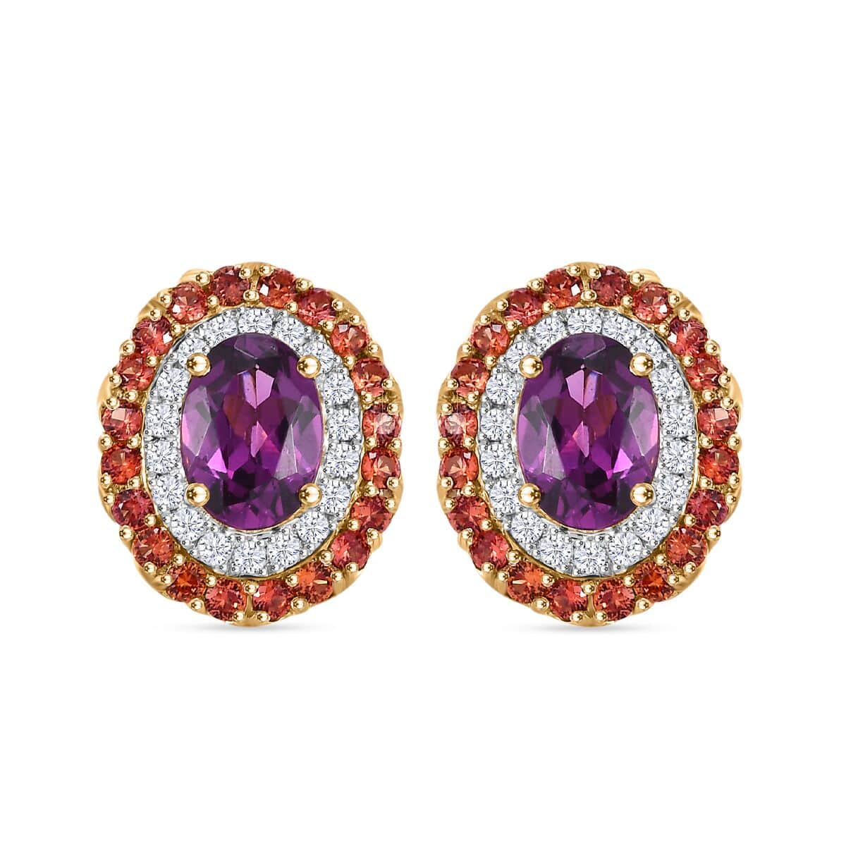 Doorbuster Certified & Appraised Luxoro AAA Radiant Ember Garnet, Padparadscha Sapphire, I2 Diamond 3.00 ctw Stud Earrings in 10K Yellow Gold (Del. in 7-10 Days)  image number 0