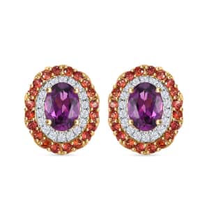 Doorbuster Certified & Appraised Luxoro AAA Radiant Ember Garnet, Padparadscha Sapphire, I2 Diamond 3.00 ctw Stud Earrings in 10K Yellow Gold (Del. in 7-10 Days) 