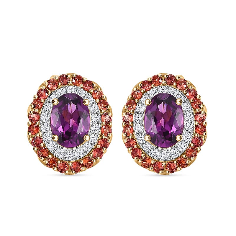 Certified & Appraised Luxoro AAA Radiant Ember Garnet, Padparadscha Sapphire, I2 Diamond 3.00 ctw Stud Earrings in 10K Yellow Gold