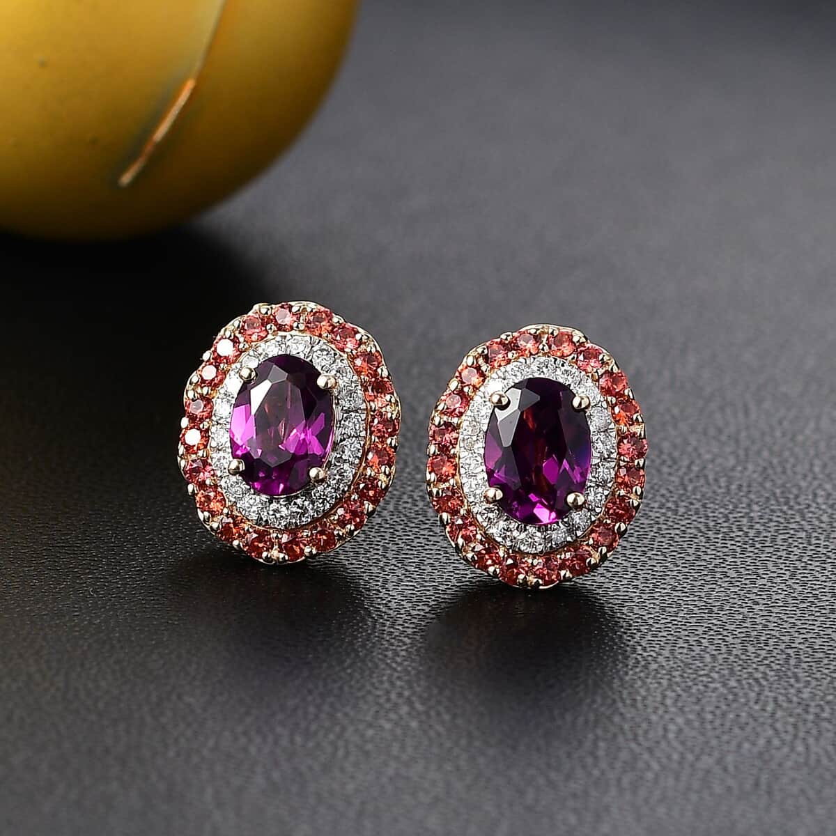 Doorbuster Certified & Appraised Luxoro AAA Radiant Ember Garnet, Padparadscha Sapphire, I2 Diamond 3.00 ctw Stud Earrings in 10K Yellow Gold (Del. in 7-10 Days)  image number 1