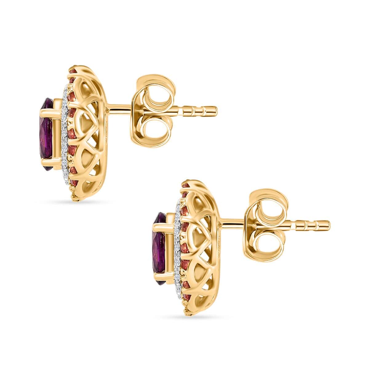 Doorbuster Certified & Appraised Luxoro AAA Radiant Ember Garnet, Padparadscha Sapphire, I2 Diamond 3.00 ctw Stud Earrings in 10K Yellow Gold (Del. in 7-10 Days)  image number 3