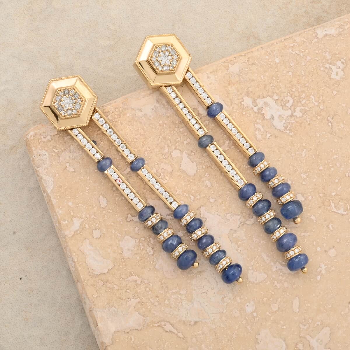 Clarte Prismatic Collection Blue Sapphire and Moissanite 8.50 ctw Earrings in Vermeil Yellow Gold Over Sterling Silver image number 1