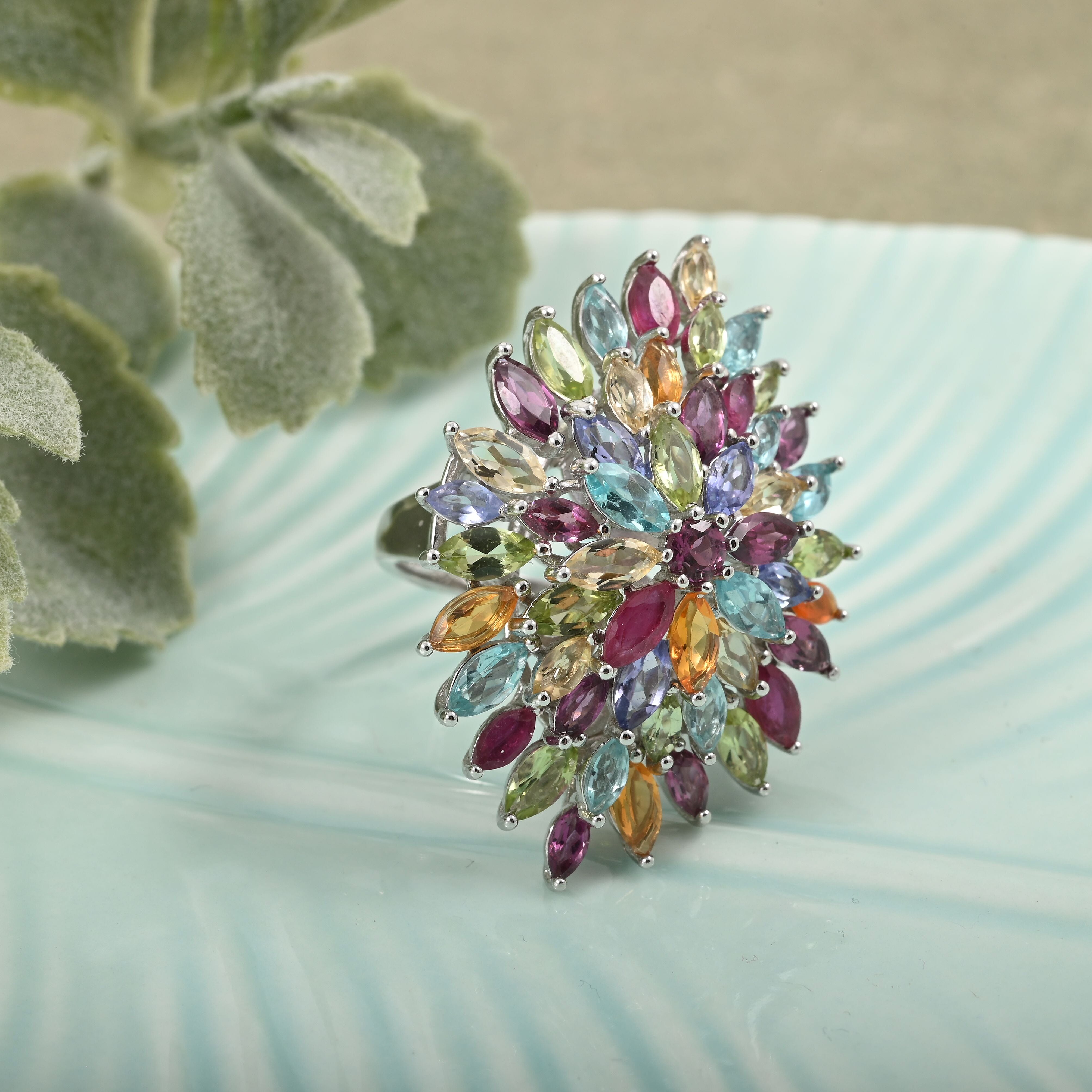 D'Joy Multi Gemstone Floral Spray Ring in Rhodium Over Sterling Silver 5.40 ctw (Size 5.5)