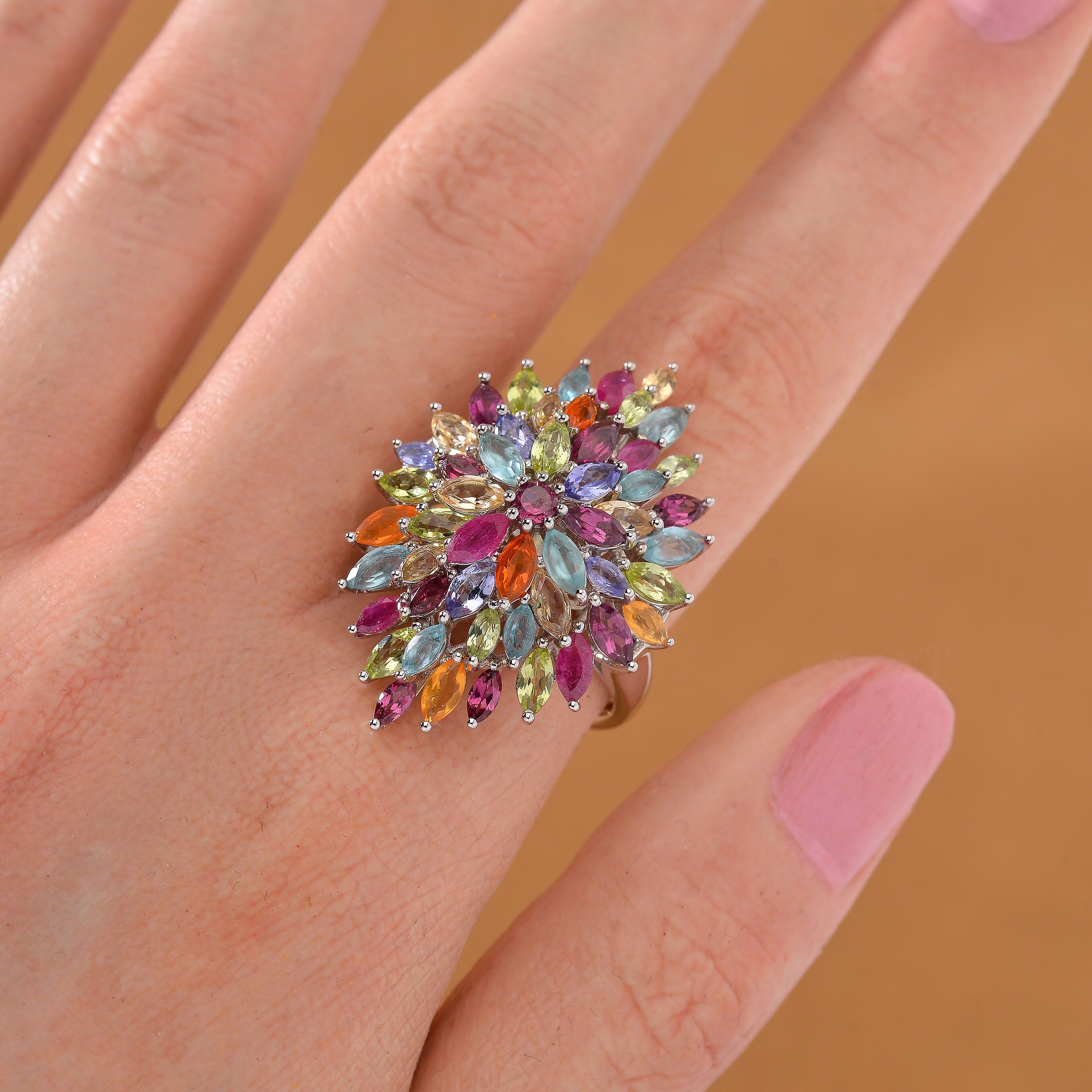 D'Joy Multi Gemstone Floral Spray Ring in Rhodium Over Sterling Silver 5.40 ctw (Size 5.5)