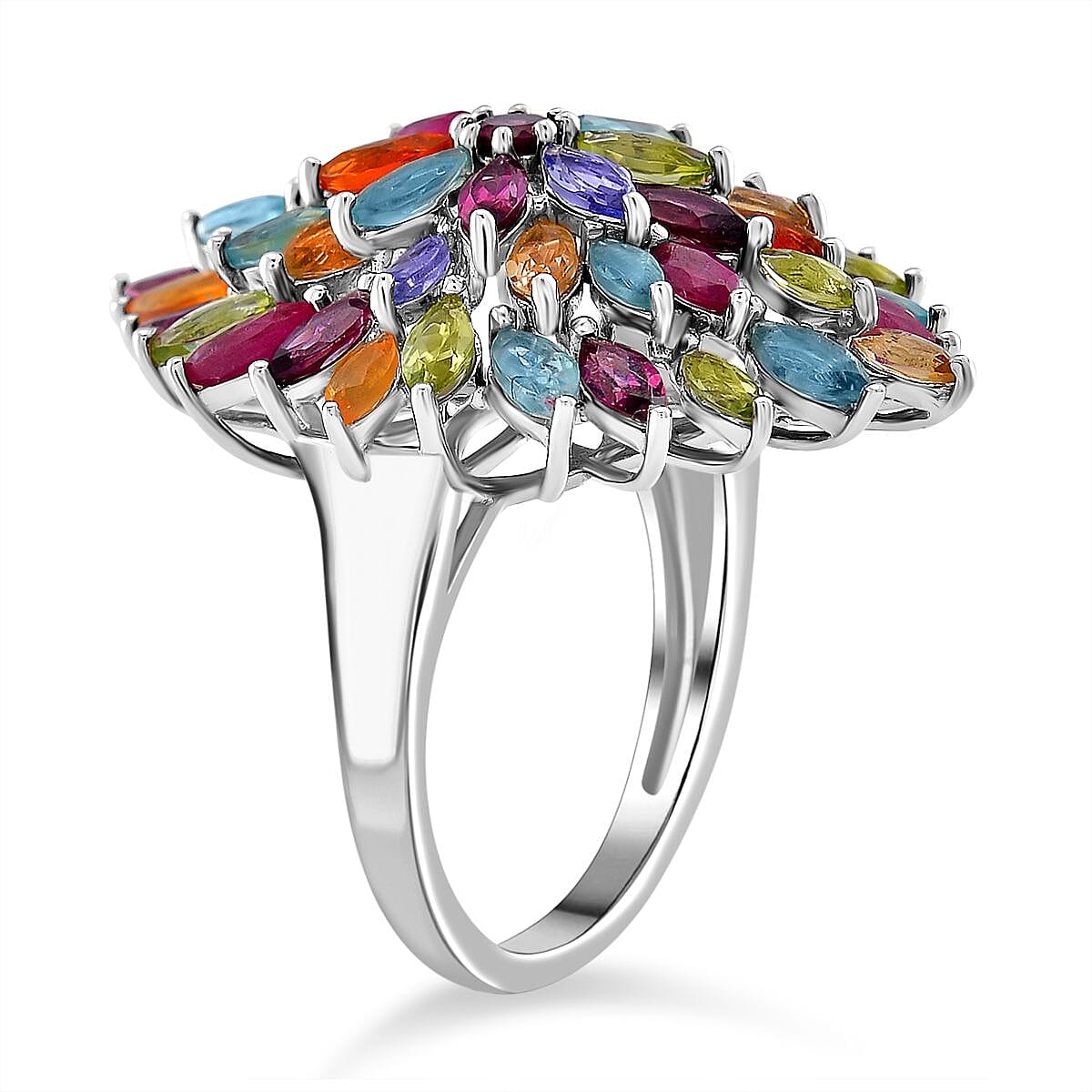 Multi Gemstone 5.40 ctw Floral Spray Ring in Rhodium Over Sterling Silver (Size 5.5) image number 3